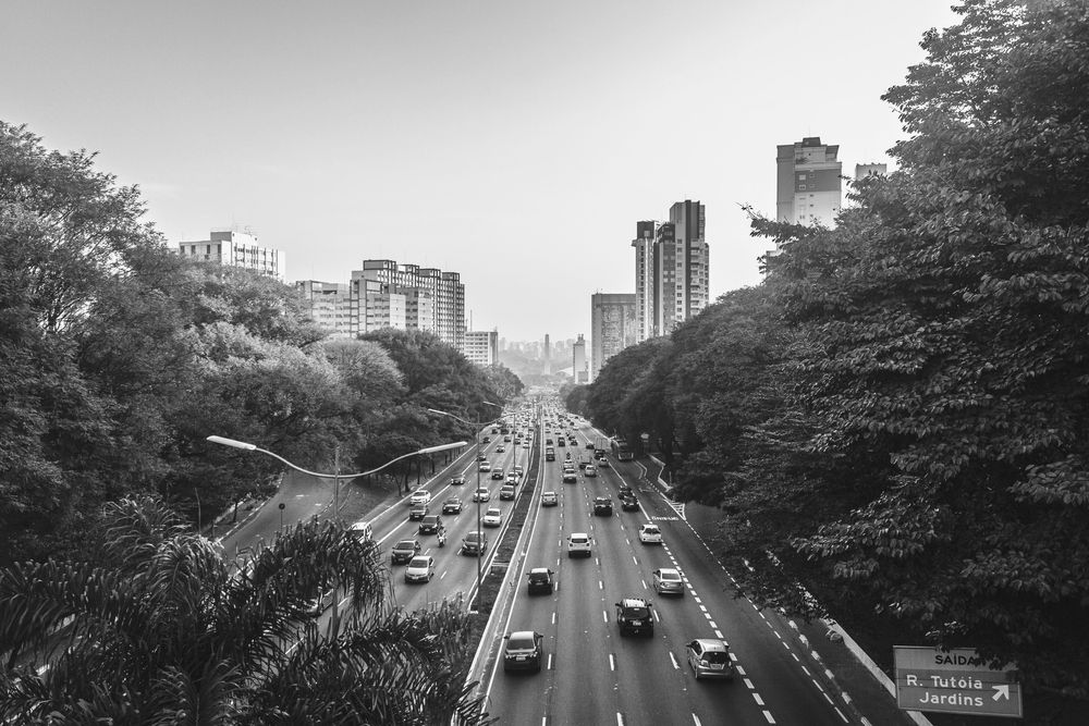 Veículos em circulação em uma avenida